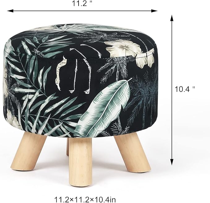 Asense Round Small Footrest Ottoman Velvet Fabric Padded Footstools with Anti-Slip Wooden Legs, Patterns Black