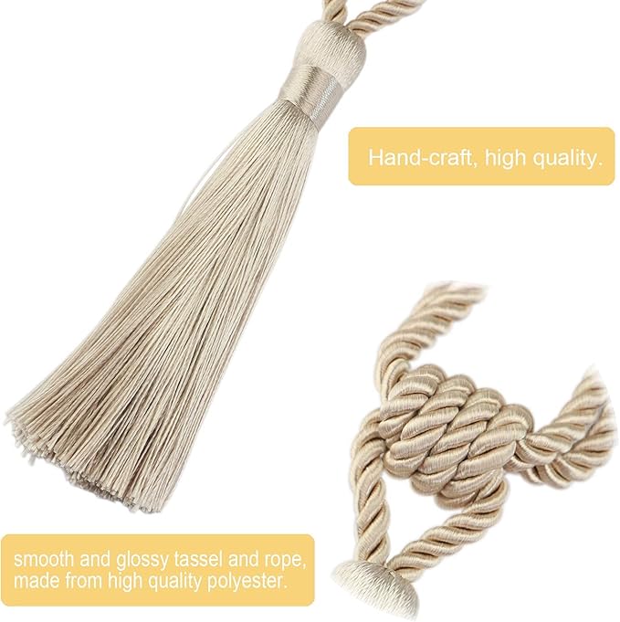 Fenghuangwu Curtain Tiebacks Tassel Tie-Backs, Rope Curtain tie Backs Handmade Curtain Holdbacks Made from Polyester (Beige, 6p)