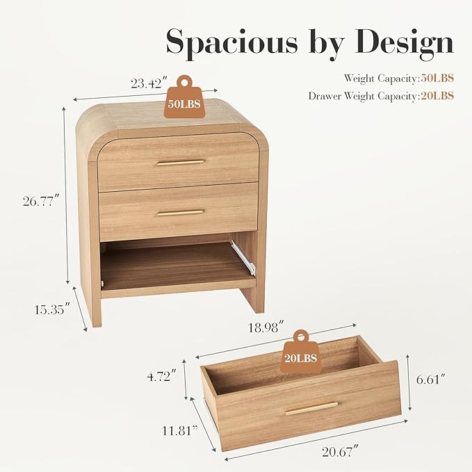 Farmhouse Nightstand Set of 2, 23.5" Curved Modern Night Stand with 3-Drawer, Bed Side Table Furniture, End Table for Bedroom, Storage Cabinet for Living Room Home Office Entryway, Oak