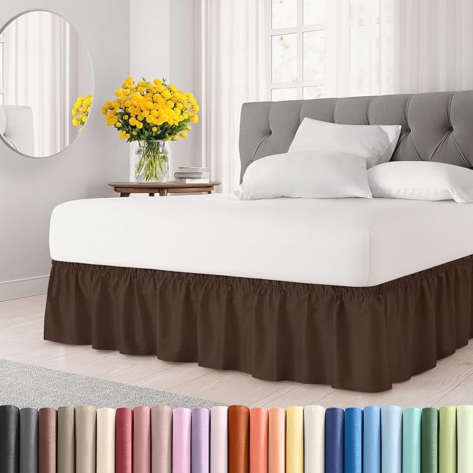 Wrap Around Dust Ruffle Bed Skirt - Brown - for King Size Beds with 12 Inch Drop - Easy Fit Elastic Strap - Adjustable Pleated Bedskirt w/Brushed Fabric - Wrinkle Free - for Women, Men, Kids & Teens