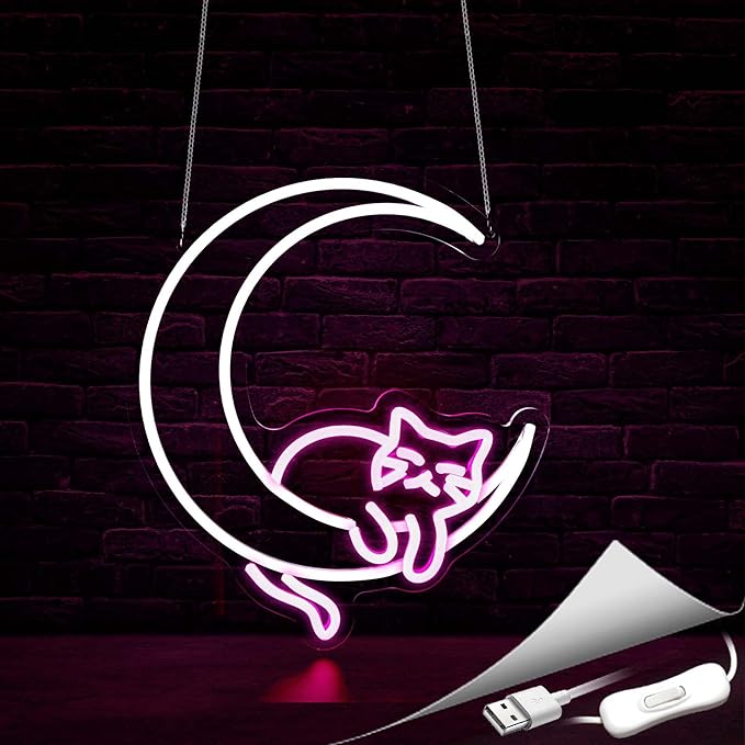 Moon Cat Neon Sign, Neon Signs for Wall Decor LED Light Up Signs Home Decor for Bedroom Club Party Bar Shop USB Operated