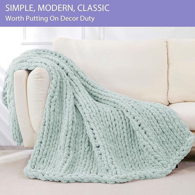 Bigacogo Chunky Knit Throw Blanket for Couch, 40x40 inches, 100% Hand Knitted with Thick Jumbo Chenille Yarn, Cozy Soft Large Rope Knot Cable Crochet Blankets for Sofa Bed Living Room, Mint
