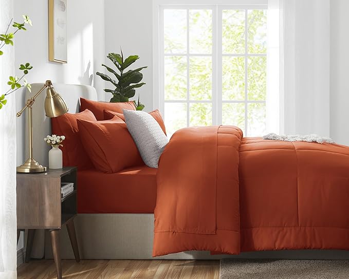 CozyLux Full Size Comforter Sets Terracotta, 7 Pieces Bed in a Bag, Burnt Orange Fall Comforter Full Size, All Season Bedding Sets with Stitch Quilted Comforter, Flat Sheet, Fitted Sheet, Pillowcases