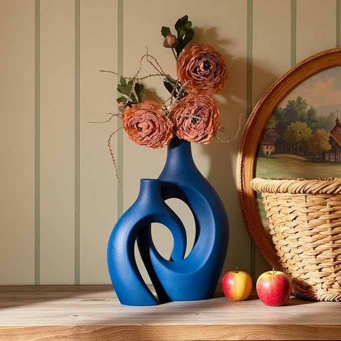 Levvohd Snuggle Hollow Ceramic Vase Set of 2, 11 inch Modern Nordic Coastal Shaped Pampas Grass Aesthetic Decorative Table Vases for Living Room Shelf Home Decor (Matte Navy Blue -L)