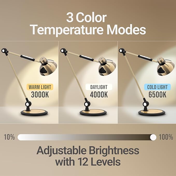 OTUS Desk Lamp Gesture Control with Adjustable Swing Arm, Brass Desk Lamps for Home Office, 12 Brightness, 3 Color Modes, Memory, Eye Care Tall Table Light