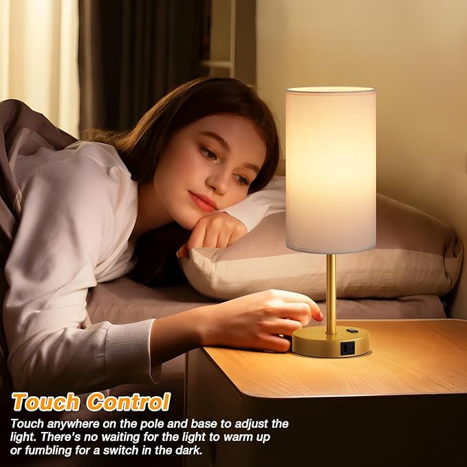 Touch Bedside Table Lamp with USB - 3 Way Dimmable Gold Lamp for Bedroom Nightstand, Desk Lamp with Charging Station for Dorm, Office, Kids Room, Living Room