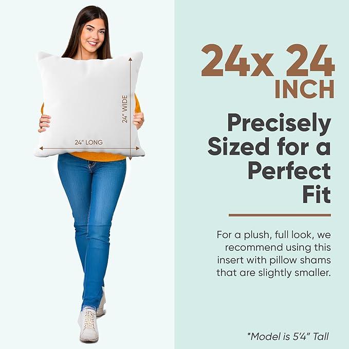 Pillowflex Synthetic Down Pillow Insert - 24x24 Down Alternative, Large Euro Pillow, Square Ultra Soft Throw, Euro Bed Sham - 1 Decorative Form