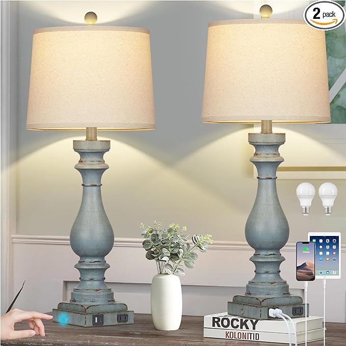 29" Tall Table Lamp for Living Room Set of 2,Coastal Bedside Nightstand Lamps with USB C+A Ports & AC Outlet,3-Way Dimmable Touch Control Retro Blue Desk Lamp for Bedroom,Color 3
