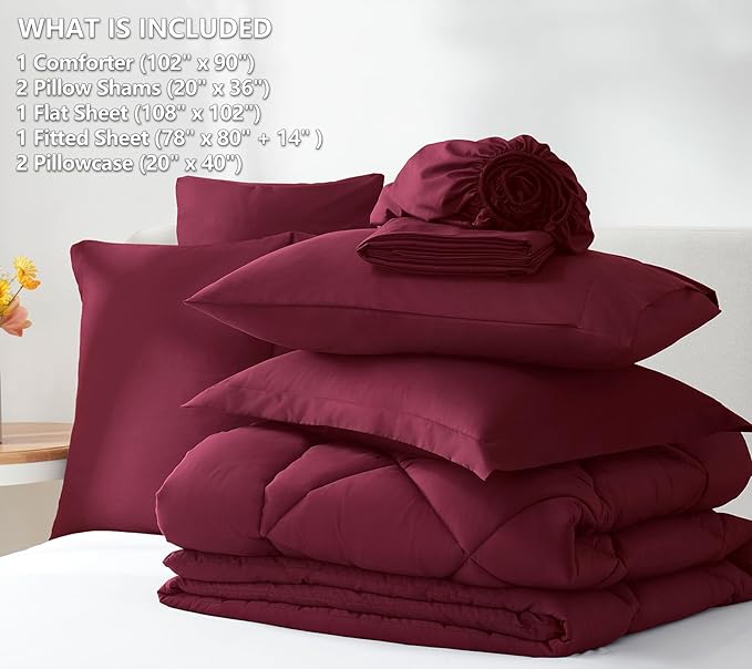 CozyLux King Size Comforter Set Burgundy - 7 Pieces Bed in a Bag King, Luxury Soft Bed Set for All Seasons, Bedding Set with Down Alternative Comforter, Sheets, Pillowcases & Shams