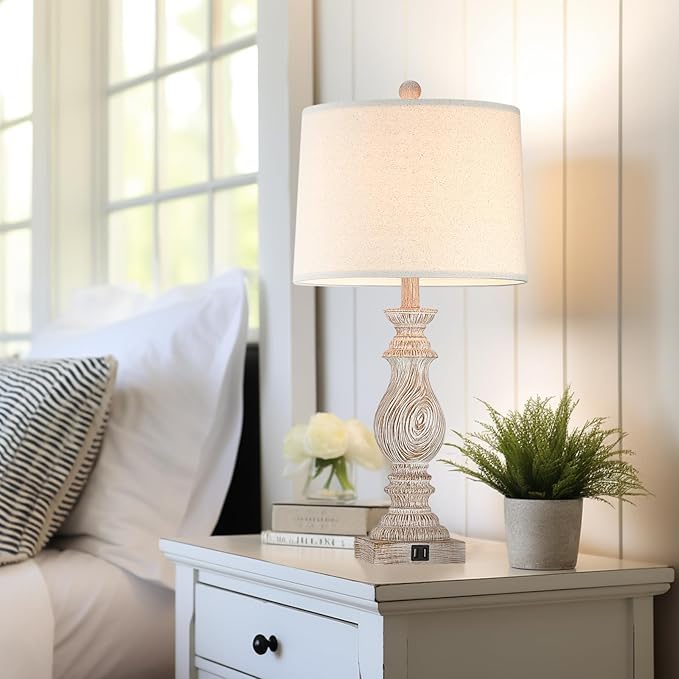 26.3” Rustic Table Lamps Set of 2 for Living Room Bedroom Beside Lamps with USB Charging Ports,Vintage Nightstand Lamp Farmhouse Dimmable End Table Resin Desk Lamp