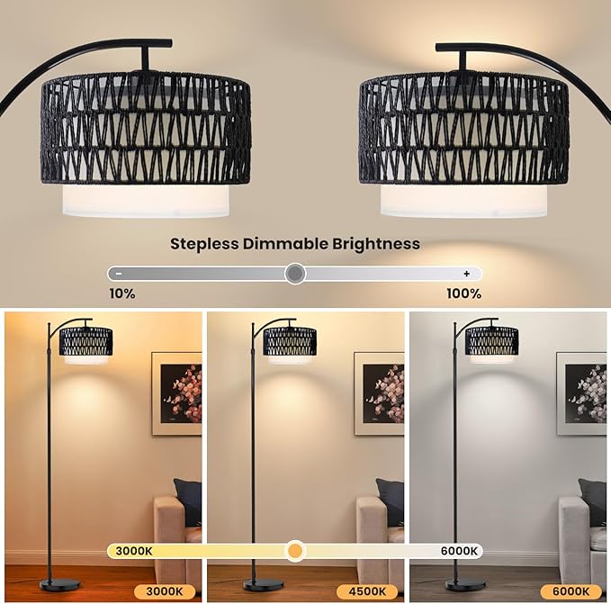 Arc Floor Lamp for Living Room,Farmhouse Floor Lamps with Remote Control & Dimmable Bulb,Black Rattan Boho Tall Standing Lamp for Bedroom Office