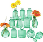 Green Vase, Bud Vases Set of 12, Small Green Glass Vases for Flowers Modern Ribbed Glass Bud Vase for Decor Wedding Flower Vase in Bulk Vintage Decor Bridal Shower Centerpieces Home Table Decoration