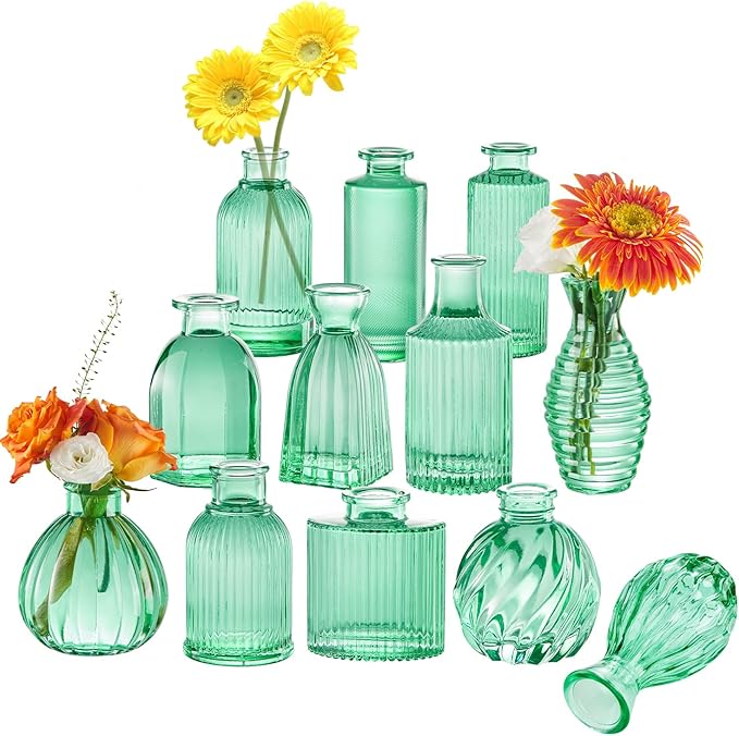 Green Vase, Bud Vases Set of 12, Small Green Glass Vases for Flowers Modern Ribbed Glass Bud Vase for Decor Wedding Flower Vase in Bulk Vintage Decor Bridal Shower Centerpieces Home Table Decoration