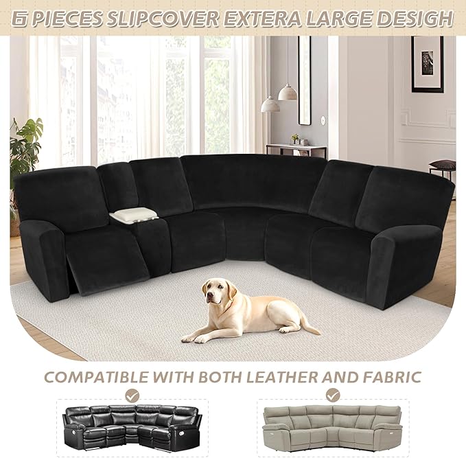 Arfntevss Sectional Recliner Couch Covers Velvet Washable Corner Sectional Sofa Cover for Reclining Stretch Soft Thick L Shape Recliner Slipcover Set (5 Seat with 1 Console Cover, Black)