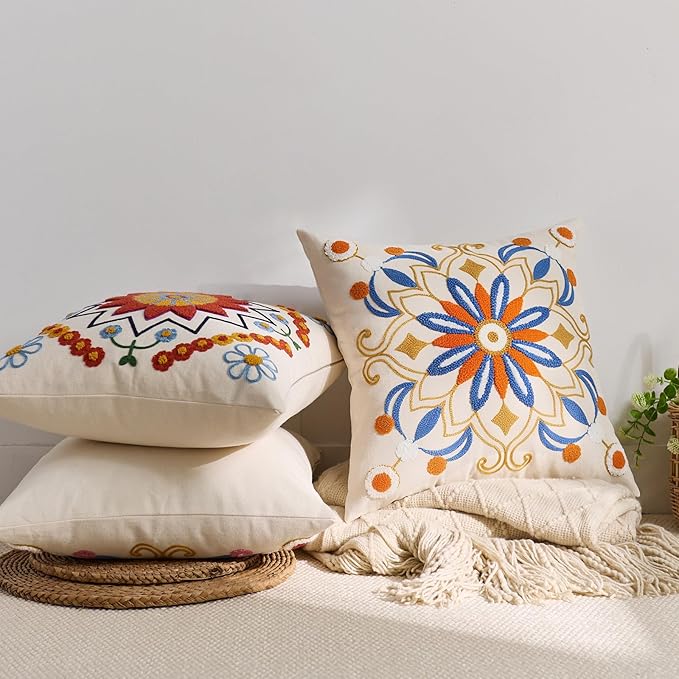 Embroidered Throw Pillow Cover 22x22 Classic Boho Floral Pattern Pillows Cover Outdoor Decorative Pillowcase,Durable Cozy Textured Cushion Case for Sofa Couch Bed Living Room,Orange Blue