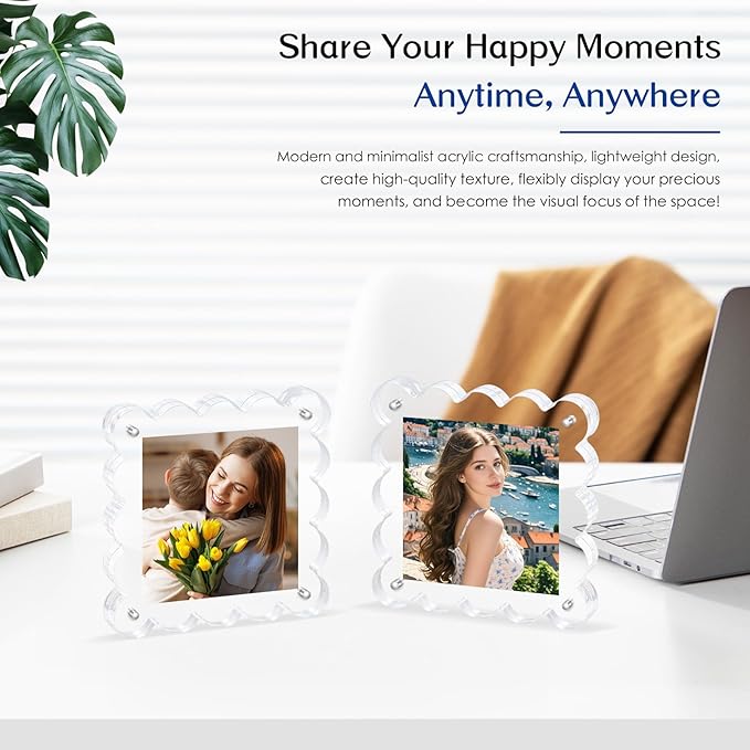 Acrylic Magnetic Picture Frames 4x4-2Pack Clear Freestanding Photo Frame.Double-Sided Scalloped Edges, 10+10mm Thick Block, for Modern Desktop Display &Perfect for Gifts (2 Pack, 4X4)