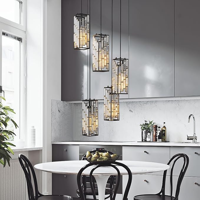 Black Pendant Lighting Modern Pendant Light, Mini Crystal Chandeliers,Adjustable Pendant Light Fixture for Kitchen Island Dinning Room Bedroom (5 Light)