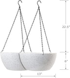 13 inch Large Hanging Planters Plant Pots for Outdoor Indoor Plants with Drainage Holes and Chain, 2 Pack Round Hanging Flower Pots for Garden Home Porch Decor, Speckled White