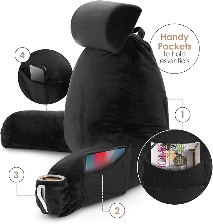 Nestl Reading Pillow Large Bed Pillow, Back Pillow for Sitting in Bed Shredded Memory Foam Chair Pillow, Reading & Bed Rest Pillows Black Back Pillow for Bed, Bed Chair Arm Pillow with Pockets