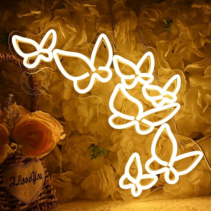SYLHOME Butterfly Led Neon Light Sign Girls Kids Bedroom Girls Room Beauty Studio Living Room Wedding Birthday Party Light Up Sign 16.5" X 8.9" USB Warm White