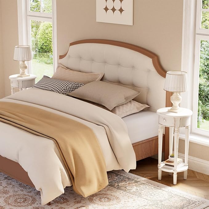 HOMPUS Vintage Round End Table with Lower Shelf, No Assemble Required Farmhouse Night Stand, Tall End Table with Drawer, White Nightstand Bedside Table for Bedroom, Small Spaces, Distressed Off-White