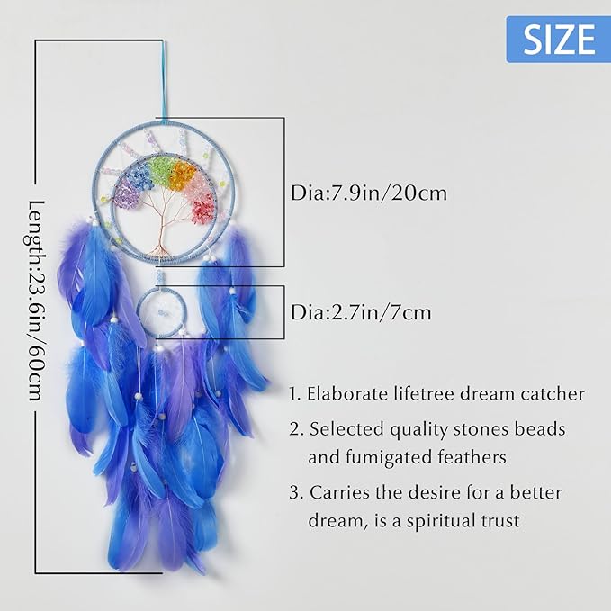 7 Chakras Dream Catchers Tree of Life Dream Catcher Blue Purple Feather Dreamcatcher Wall Decor with Rainbow Healing Crystal Stone Wall Art Hanging for Bedroom Home Decor Bless Gift Wedding Party