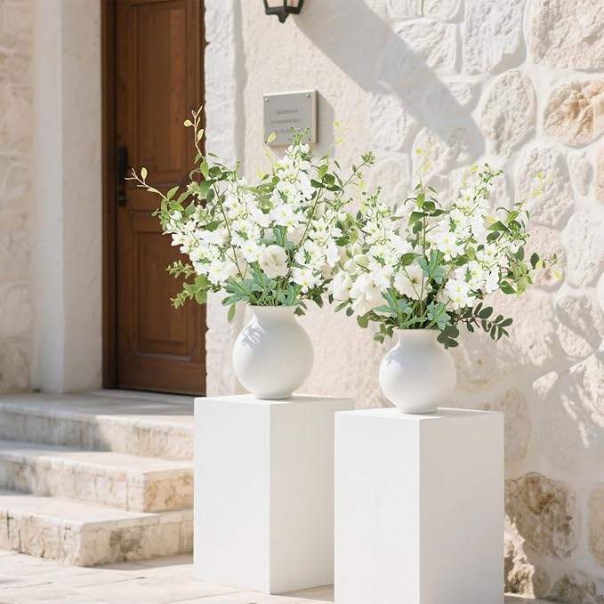 8PCS Artificial Delphinium White Flowers with Clematis Greenery Long Stem Artificial Flowers Cream for Tall Vase for Home Wedding Floral Arrangement Centerpiece Table Decor (Cream White)