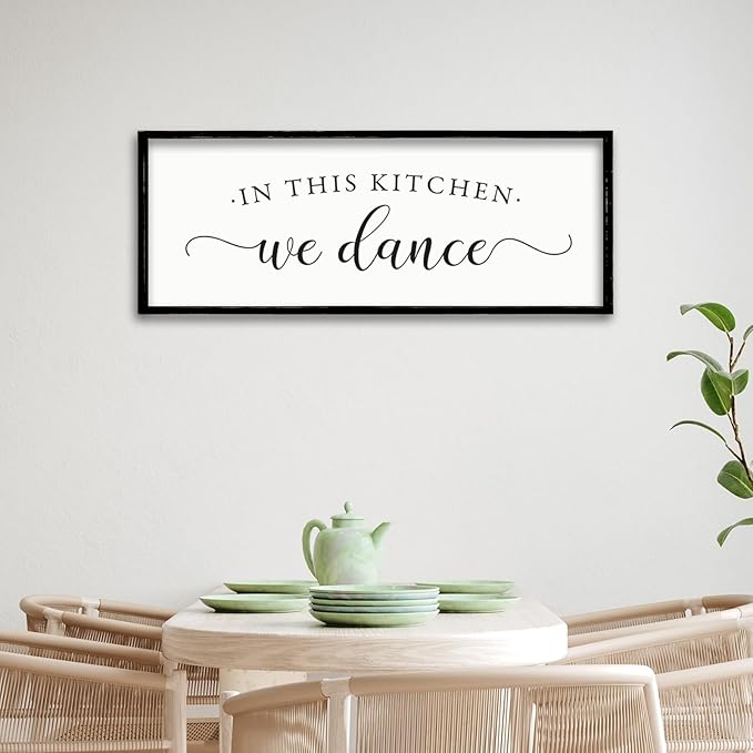 ZZJJHYWGQ In This Kitchen We Dance Sign Wall Decor 32"×12" Farmhouse Funny Kitchen dining room Signs Horizontal Wooden Framed hanging Art (Black)