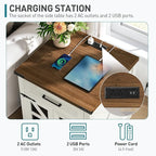 White Farmhouse End Table Set of 2, 24" Large Sofa Side Table with Drawer, Large End Table for Living Room, Wooden Nightstand with Charging Station, Square, White and Walnut