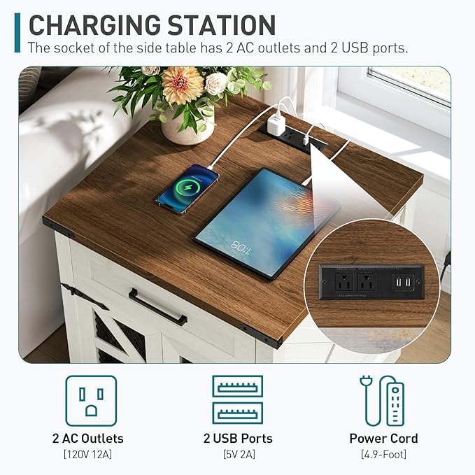 White Farmhouse End Table Set of 2, 24" Large Sofa Side Table with Drawer, Large End Table for Living Room, Wooden Nightstand with Charging Station, Square, White and Walnut