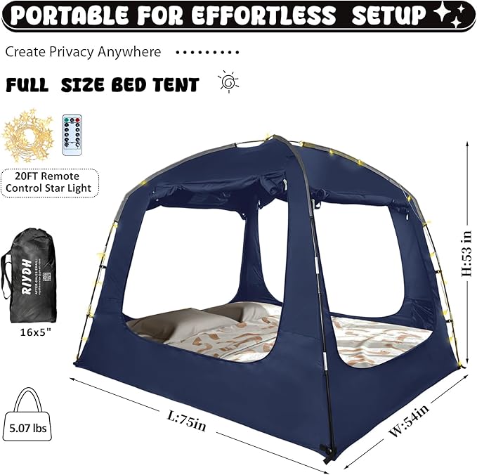 Bed Tent Bed Canopy Breathable 100% for Adult and Kids Light Reduction Sleeping Dream Tents Indoor Portable Big Space with String Light 4 Doors Twin Full Queen King Size