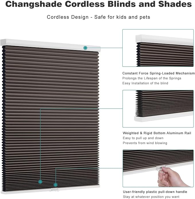 Changshade Cordless Cellular Shades, Blackout Honeycomb Shades for Windows, Pull Down Pleated Blinds, Easy to Install for Indoor Windows and French Doors,32" W x 72" H, Taupe