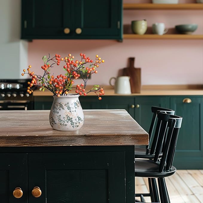 Vintage Flower Vase, Chinoiserie Floral Ceramic Vase for Home Decor, Green and White Decorative Vases for Centerpiece Table Decorations, Vases for Living Room Kitchen Entryway Mantle Shelf Decor Vase