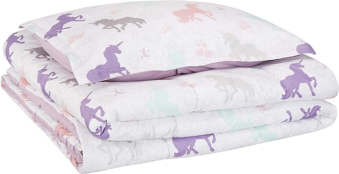 Amazon Basics Soft Easy-Wash Microfiber Kid's 2 Pieces Comforter and Pillow Sham Set, Animal Printed, Twin, Purple Unicorns