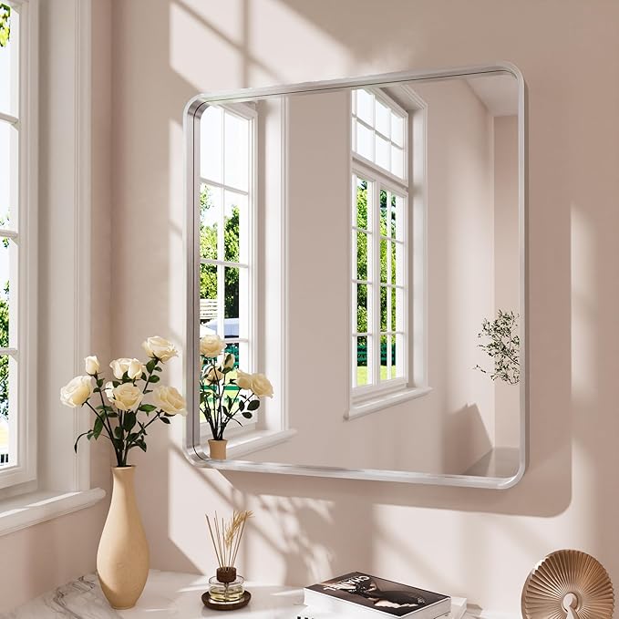 Brushed Nickel Bathroom Mirror 36x36 Inch, Brushed Silver Metal Frame Mirror Wall Mounted, Rounded Bathroom Vanity Mirror, Tempered Glass, Anti-Rust, Horizontal/Vertical