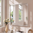 Brushed Nickel Bathroom Mirror 36x36 Inch, Brushed Silver Metal Frame Mirror Wall Mounted, Rounded Bathroom Vanity Mirror, Tempered Glass, Anti-Rust, Horizontal/Vertical