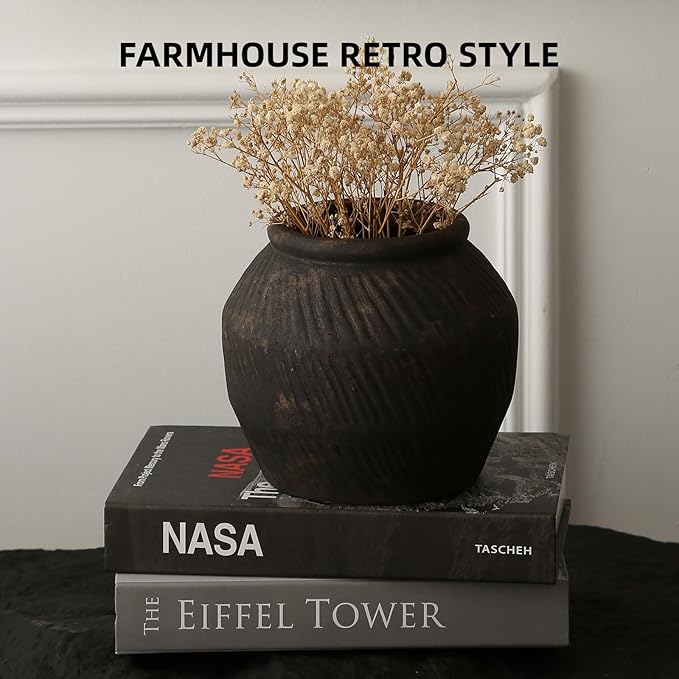 Farmhouse Ceramic Vase - Black Rustic Vintage Flower Vase for Home, Living Room, Shelf and Dining Table Decor - 7IN