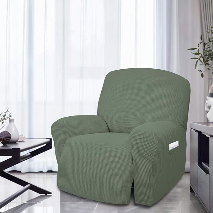 Easy-Going 4 Pieces Oversized Recliner Stretch Sofa Slipcover Sofa Cover Furniture Protector Couch Soft with Elastic Bottom Polyester Spandex Jacquard Fabric Small Checks Greyish Green, X-Large