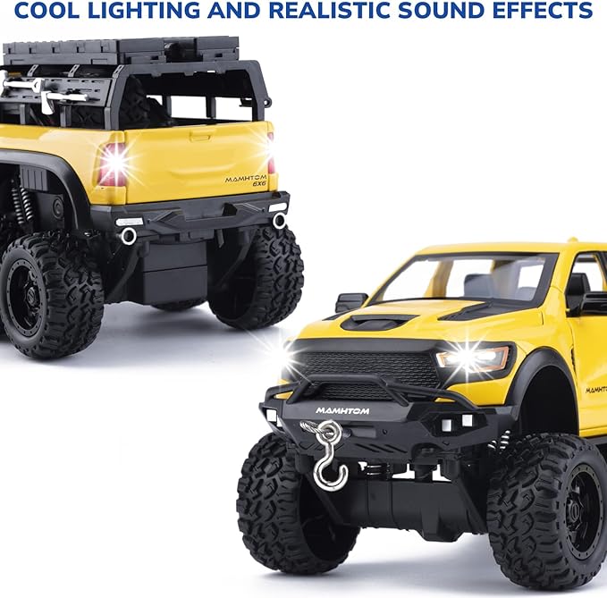 Pickup Truck Toy 1/24 Diecast Trucks Mammoth Model Car Kits,Metal Toy Truck Suitable for Kids and Car Collection,Pull Back Cars with Light and Sound,Trucks for Kids Ages 4-8（Yellow）