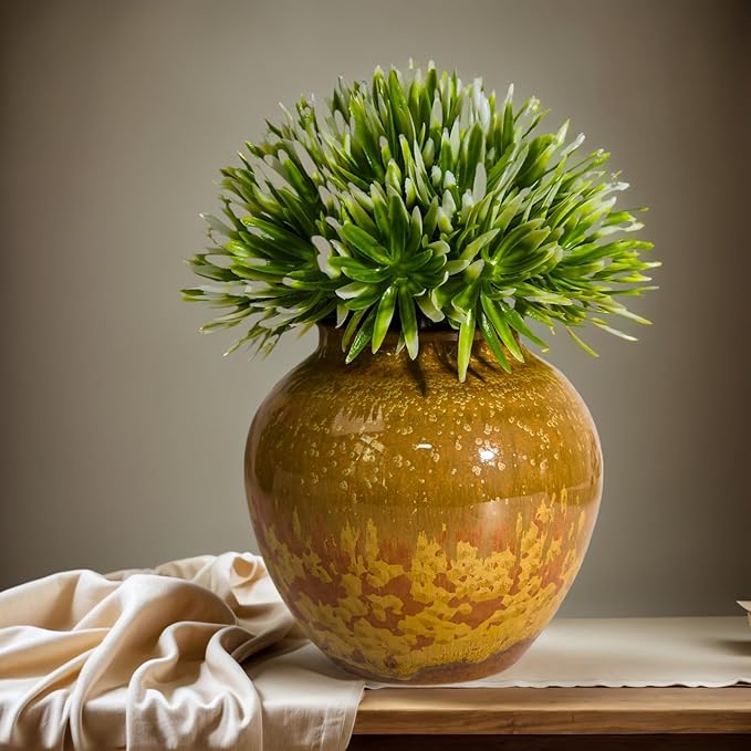 Rustic Pottery Ceramic Vase - Vintage Farmhouse Style Decor, White Grid Ceramic Vases for Home Decor, Modern Farmhouse Decor (Brown)