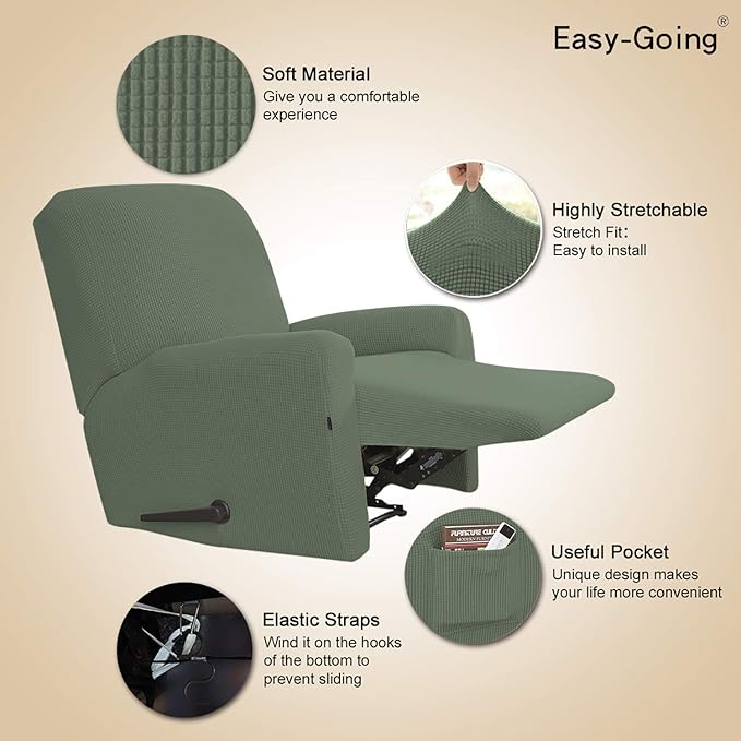 Easy-Going Recliner Stretch Sofa Slipcover 4-Piece Sofa Cover Furniture Protector Sofa Shield Couch Soft with Elastic Bottom Spandex Jacquard Fabric Small Checks(Recliner,Greyish Green,Large)