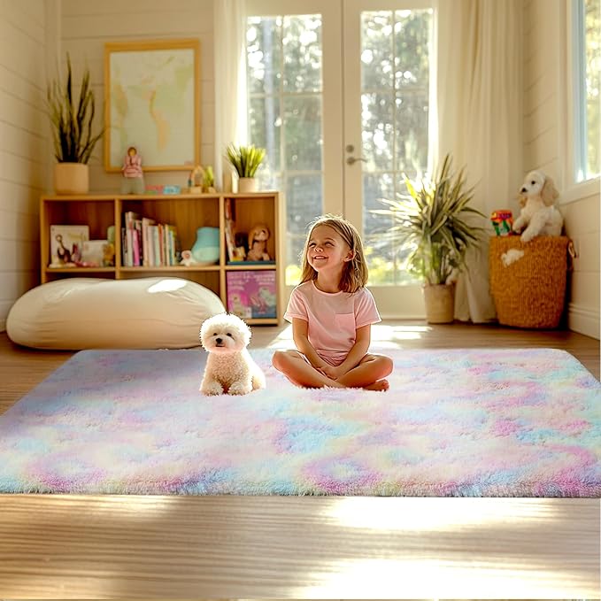 Rainbow Rug for Girls Bedroom: Fuzzy Rugs for Kids Room - Carpet for Bedroom Decor(4x6 Feet/Rainbow)