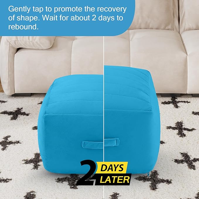 MeMoreCool Square Stuffed Pouf Ottoman Foot Rest, Floor Pouf Foot Stool with Foam Chunk Filling, Soft Stuffed Ottoman Footrest for Living Room, Blue