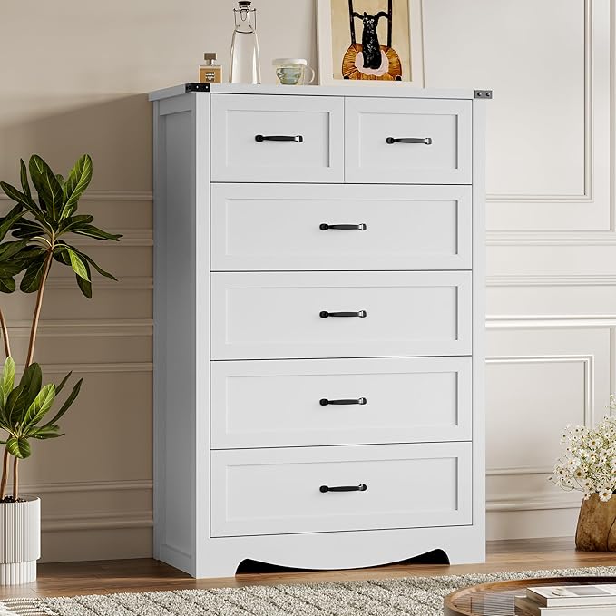 Tall 6-Drawer Dresser for Bedroom, Modern Wooden Chest of Drawers with Metal Handles, Anti-Tipping Design, Sturdy and Stable Storage Organizer for Living Room, Entryway, Home Office