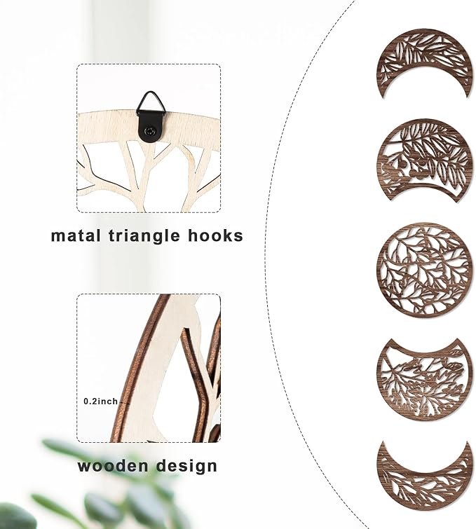 Jetec 5 Pcs Moon Phase Wall Art Decor Wall Pediments Hanging Wooden Moon Phase Spiritual Bedroom Nordic Boho Lunar Aesthetic Art for Living Room Dorm Apartment Bar Ornament(Brown,10.6 Inch)