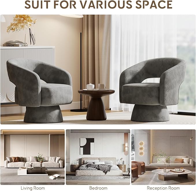 Bonzy Home Swivel Barrel Chair,Velvet Accent Armchair 360 Degree Swivel Club Chair for Living Room Bedroom Reception Room, Dark Grey