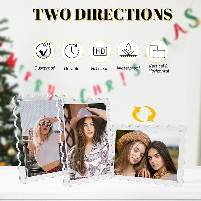 3 Pack Acrylic Picture Frames 4x6 Scalloped with Detachable Brackets, Vertical and Horizontal Tabletop Display, Clear Magnetic Photo Frames for Home/Family/Party/Wedding