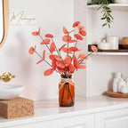 Artificial Eucalyptus Stems in Amber Glass Vase with Faux Water,3Pcs Fake Plant with Double-Sided Orange Leaves for Centerpiece (Double-Sided Orange Eucalyptus)