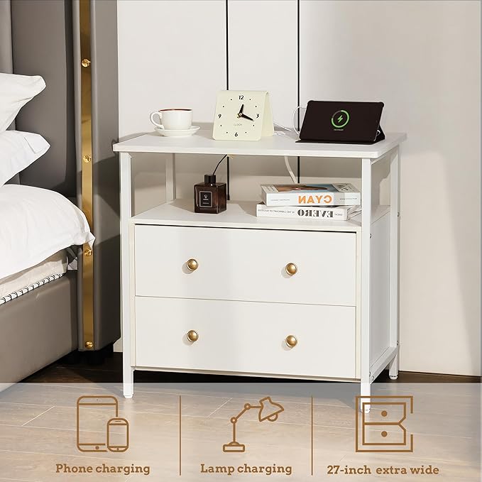 27 inch Wide Night Stand Set 2 with Charging Station, Bedside Table with Open Shelf, 2 Drawers Small Wood Dresser, Modern Wood Nightstand for Bedroom/Living Room (White)