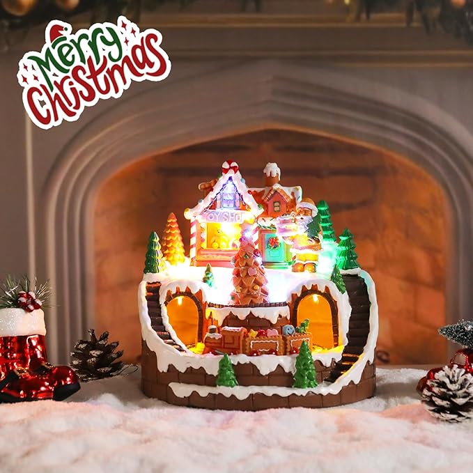 taman Christmas Village Houses - Musical Gingerbread House Collectible Buildings with Rotating Christmas Tree and Moving Train Ornaments for Holiday Decorations